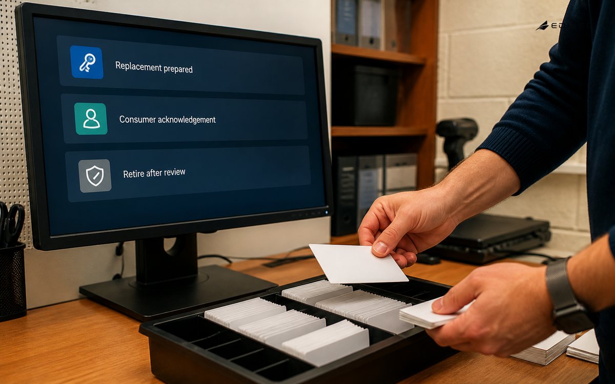 Close diagonal photo of standing hands in a museum IT workroom arranging consumer acknowledgement cards beside an opaque monitor with real stand.