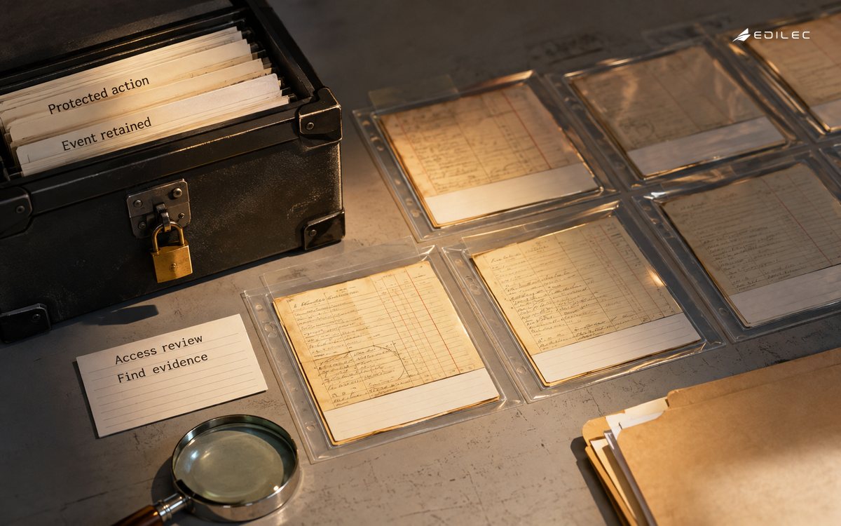 Raking-light photo of an archive evidence table with original event slips in protective sleeves, a locked document case and a query index card.