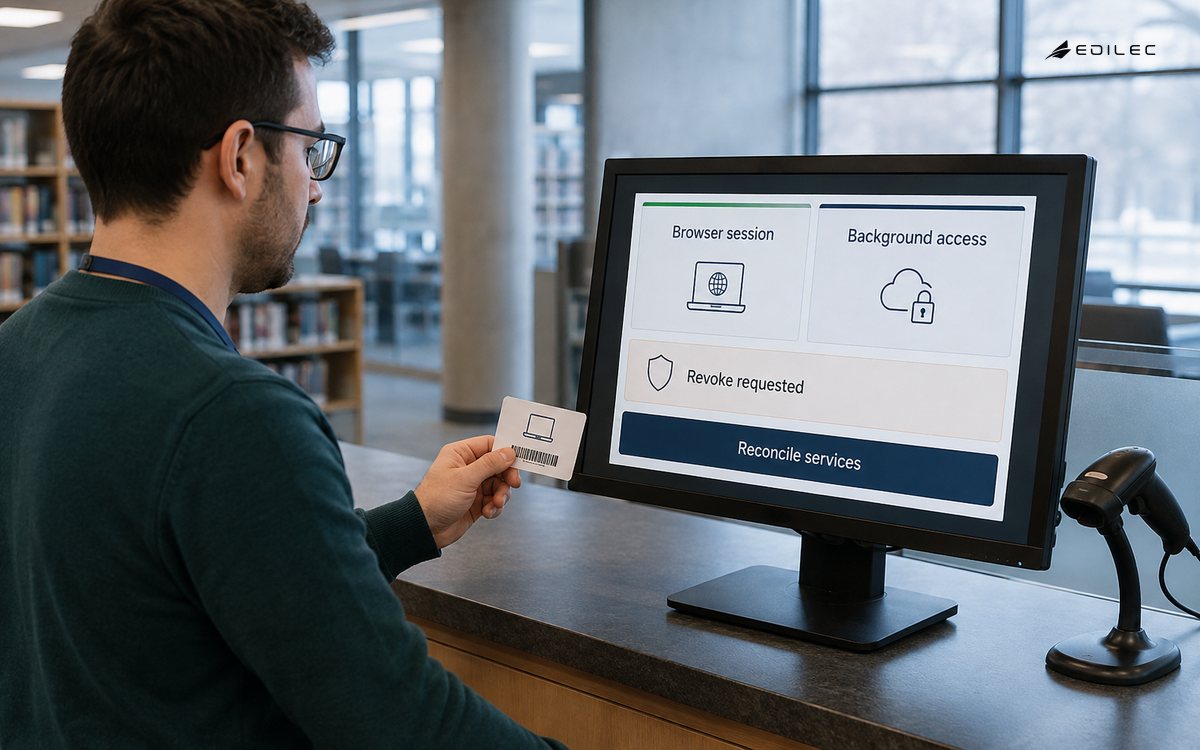 Shoulder-height photo of standing support operator at a library IT counter comparing a device-return card with a modest opaque screen on a stable stand.