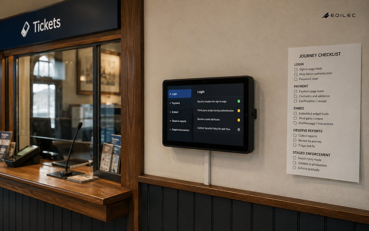 A ticket-office review panel connects browser policy with key user journeys.