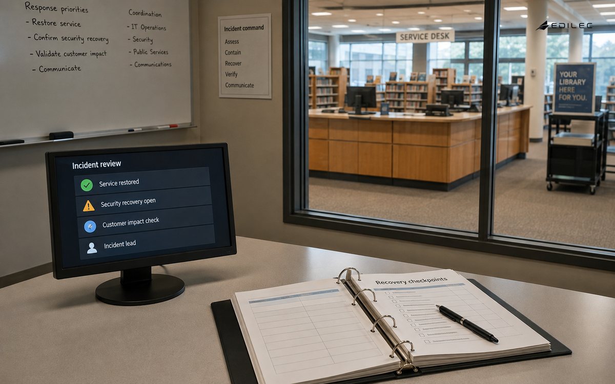 A library incident room separates restored service from open security-recovery and customer-impact checks.