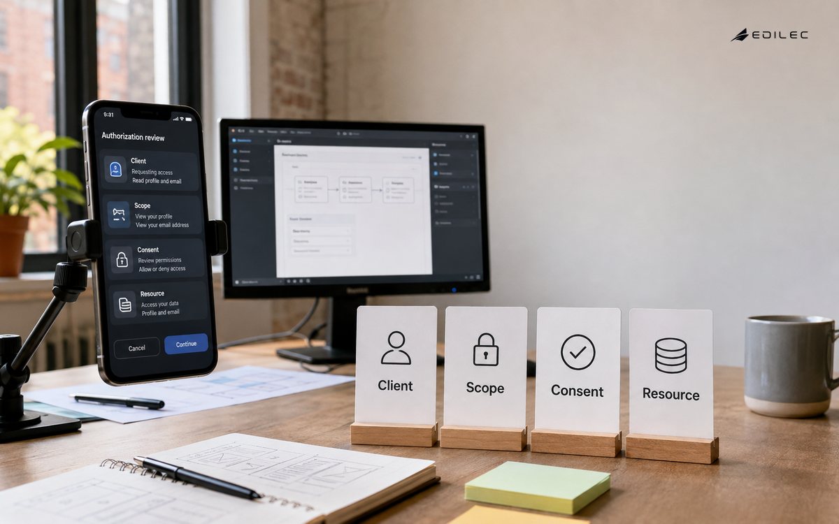 Wide photograph in a mobile application design studio with a phone on a clamp and modest monitor behind, physical role cards on table, afternoon light.