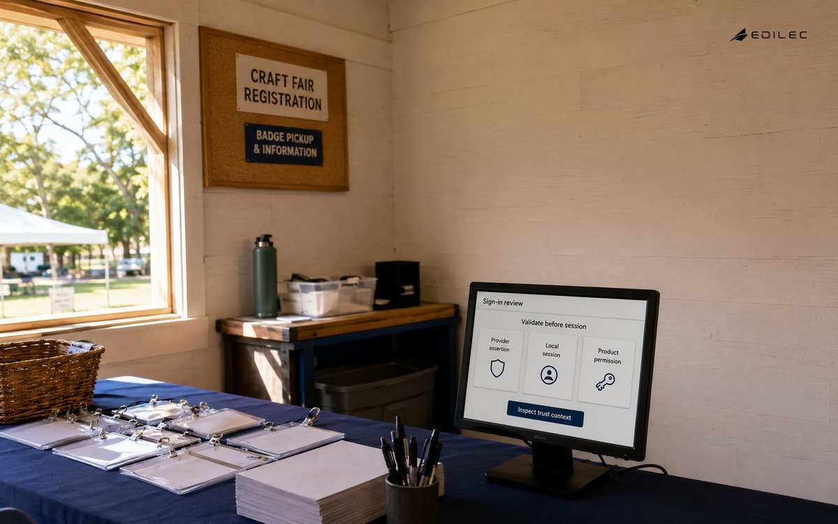 A registration office keeps provider assertions, local sessions and product permissions distinct.