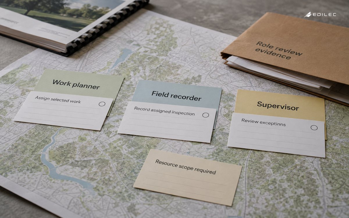 Role cards distinguish planning, inspection recording and exception review within defined resource scope.