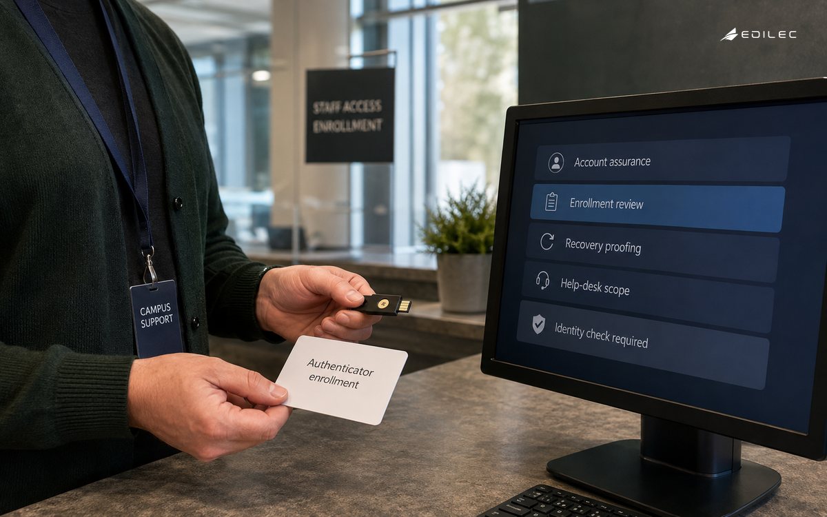 An enrollment worker compares a hardware authenticator with identity and recovery requirements.