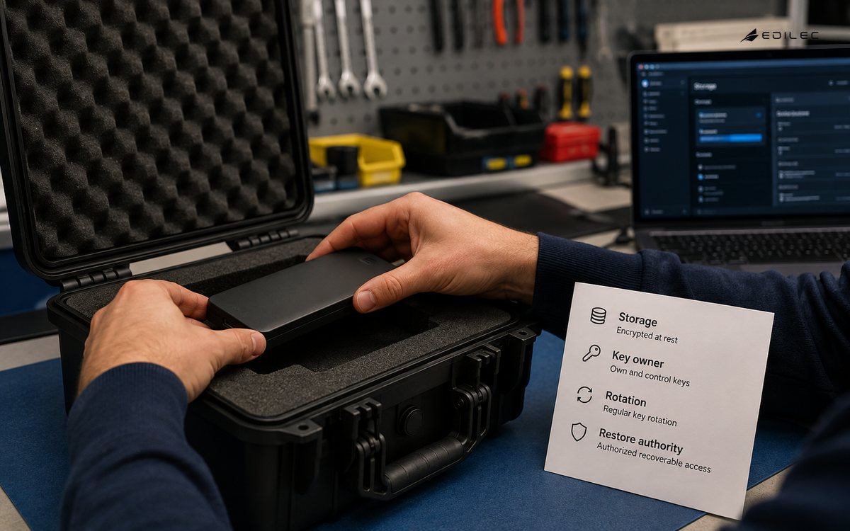 Tight action photograph of hands placing an unmarked encrypted storage module into a padded case beside a printed key-owner review card in a secure equipment workspace.