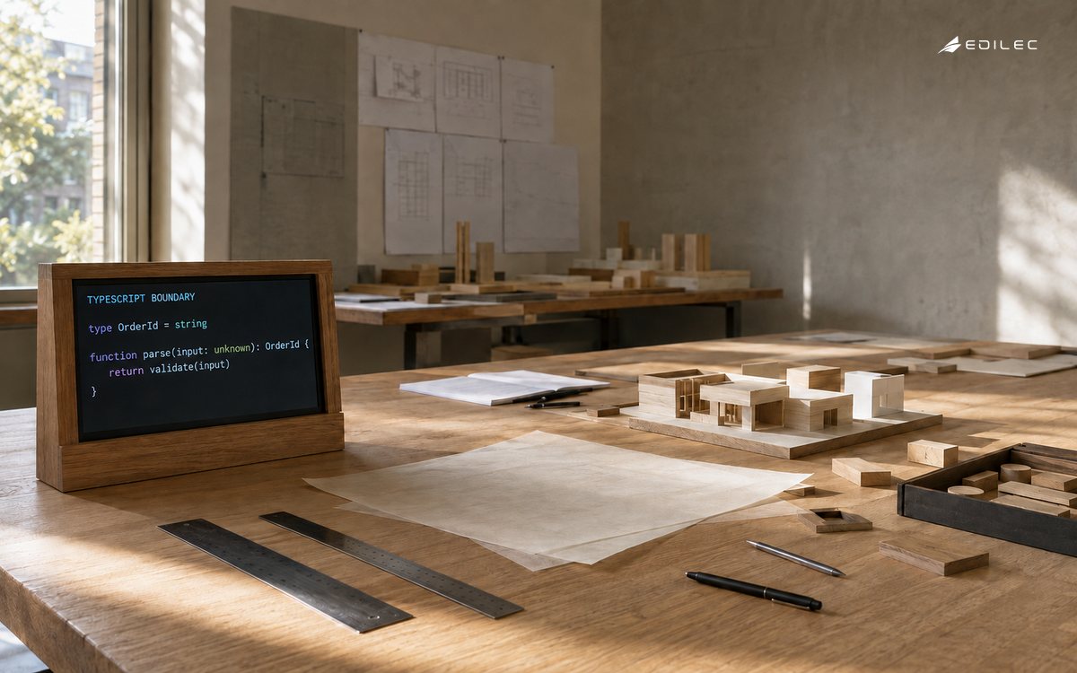 An architecture studio worktable pairs modular physical models with a small display showing a typed parsing boundary.
