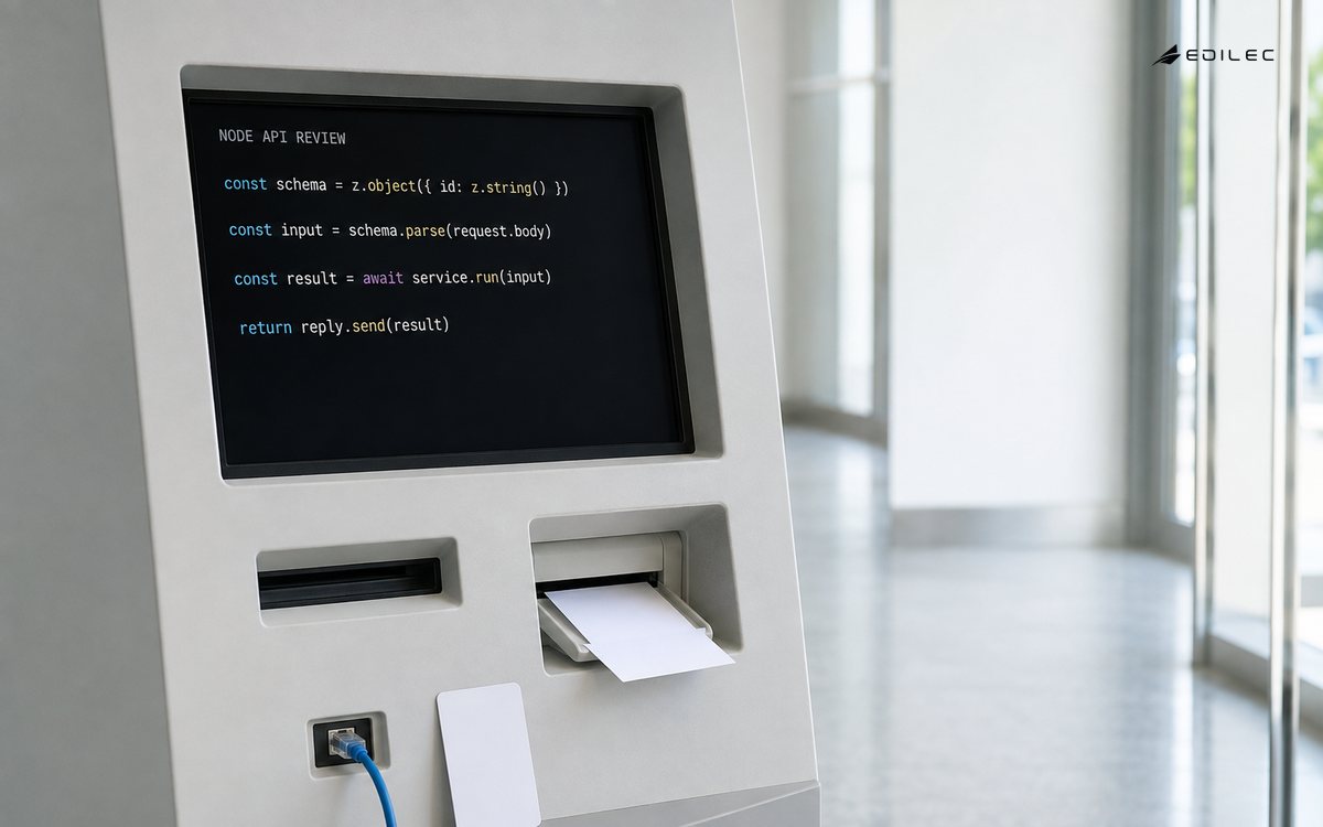A civic-service kiosk displays a concise Node.js API handler that validates input, calls a service and sends the result.