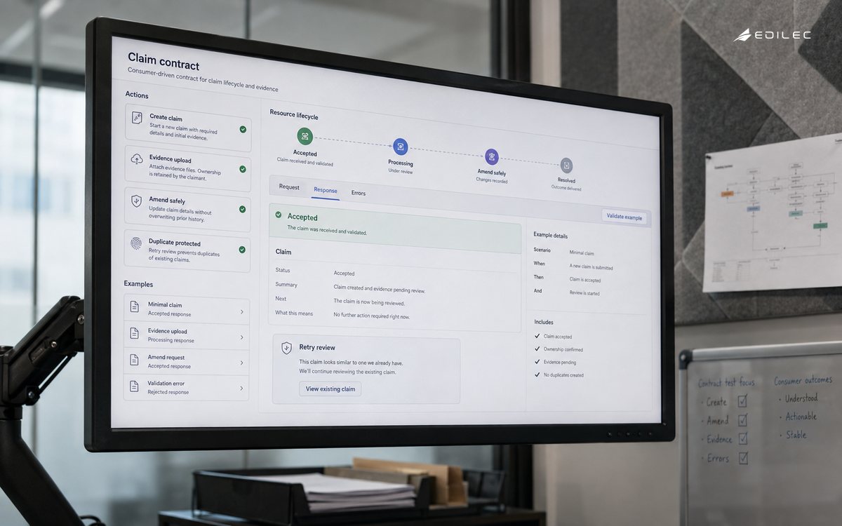 A claims contract interface shows request lifecycle, example validation and duplicate-protected review.