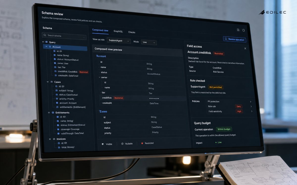 A schema-review interface separates field access, role checks and a qualitative query budget.