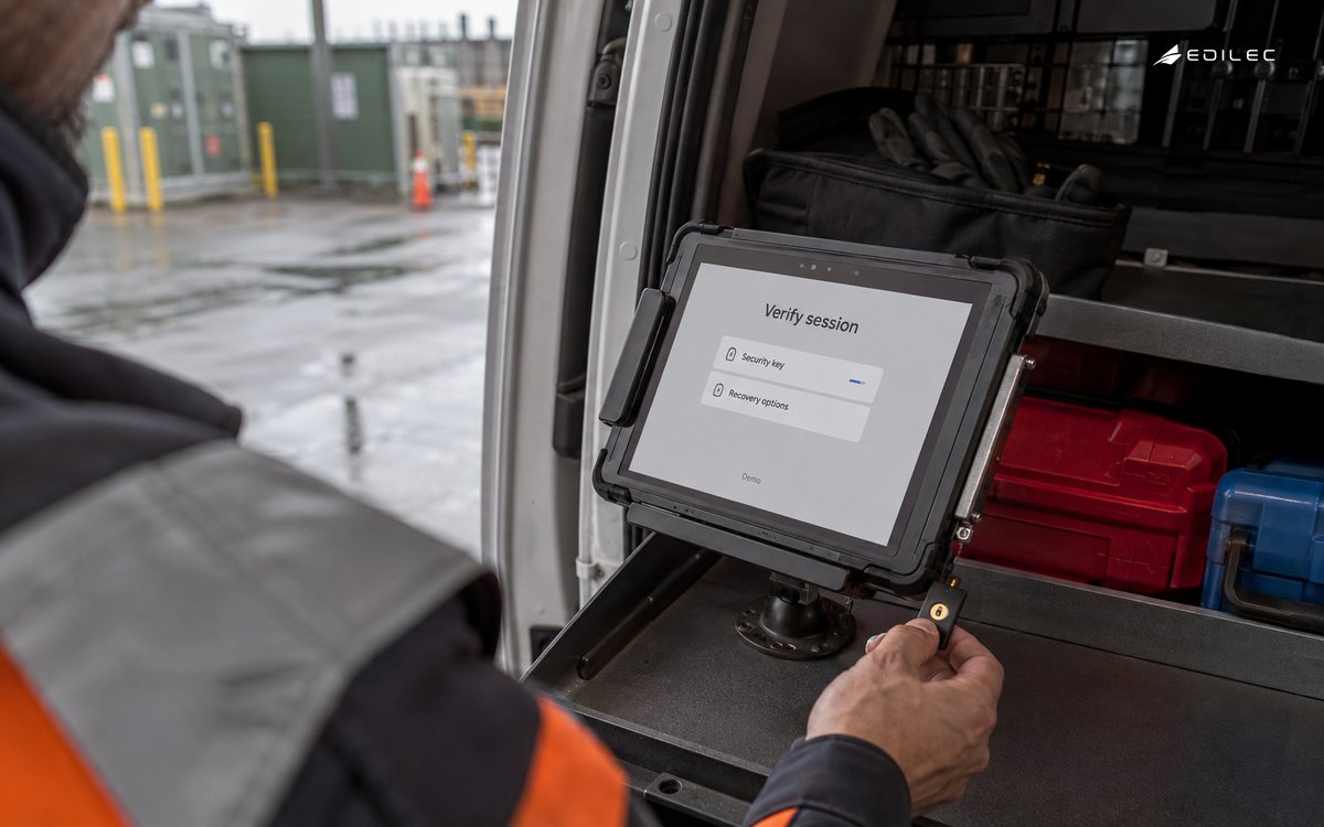 A field technician uses a security key with a rugged tablet mounted inside a service van.