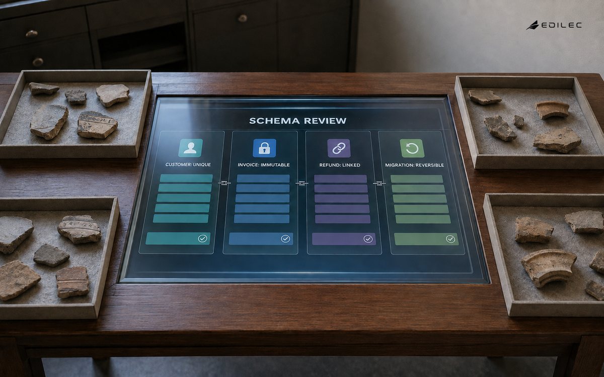 A museum collections table reviews unique customers, immutable invoices, linked refunds and reversible migrations.