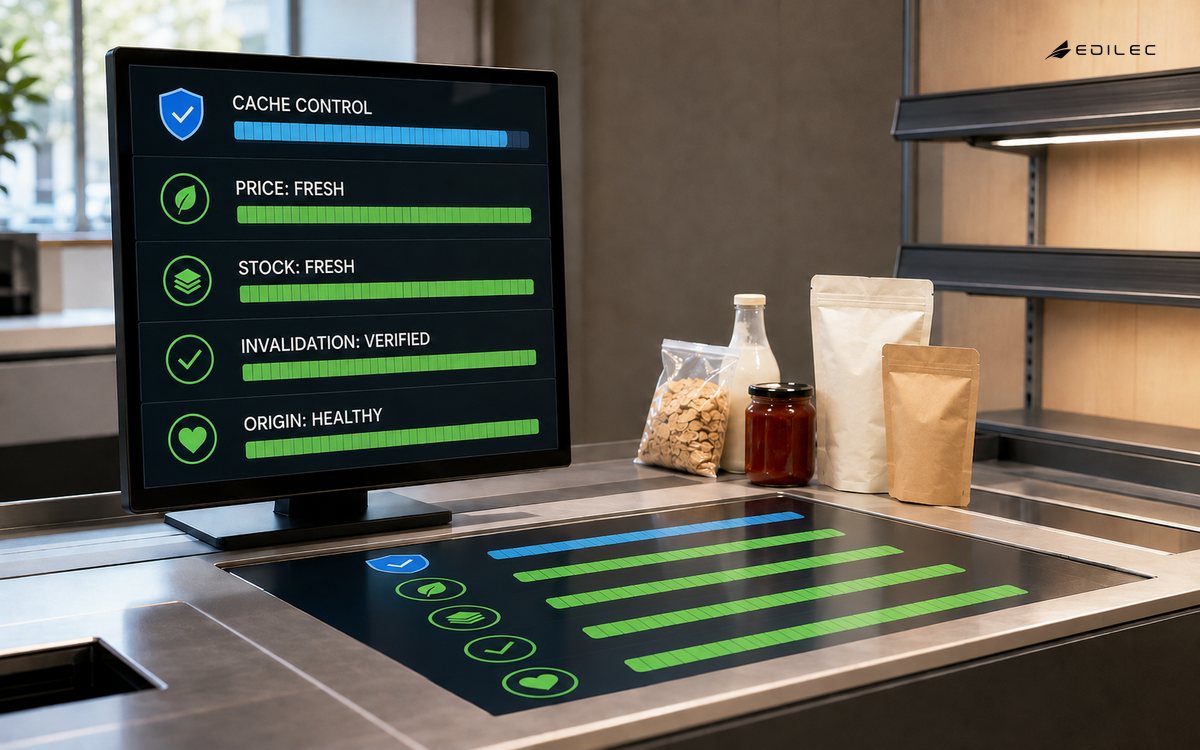 A retail test station verifies fresh price and stock data, cache invalidation and origin health.