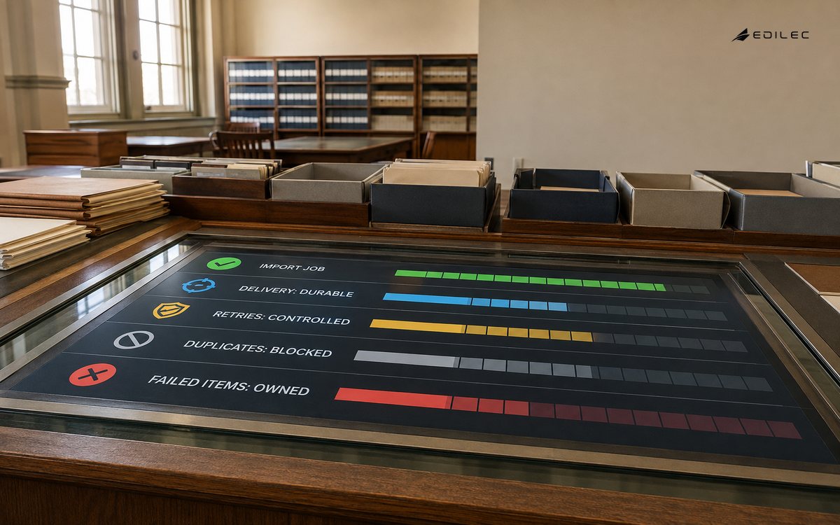 A university records queue shows durable delivery, controlled retries, blocked duplicates and owned failed items.
