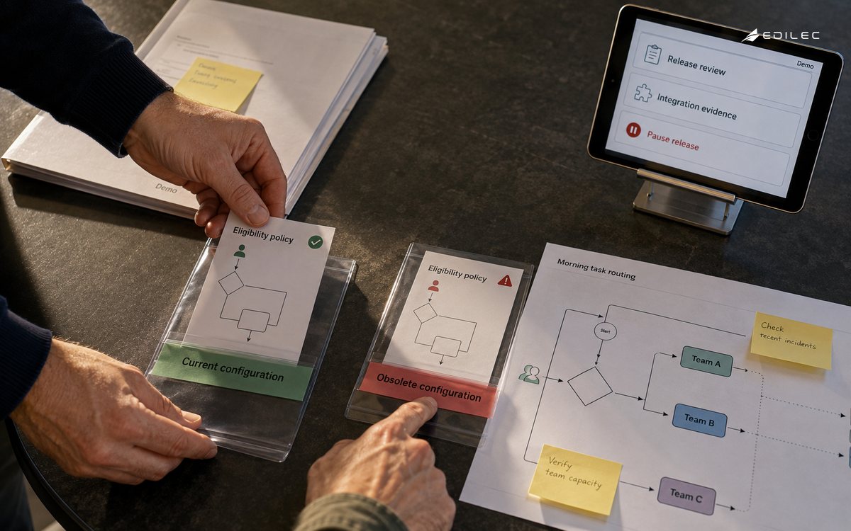 Reviewers compare current and obsolete eligibility configurations against a morning routing map.