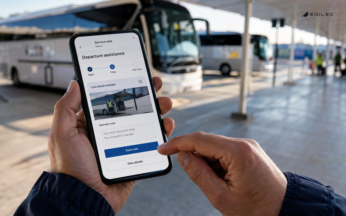 Hands use a mobile service-case form in a transit setting.