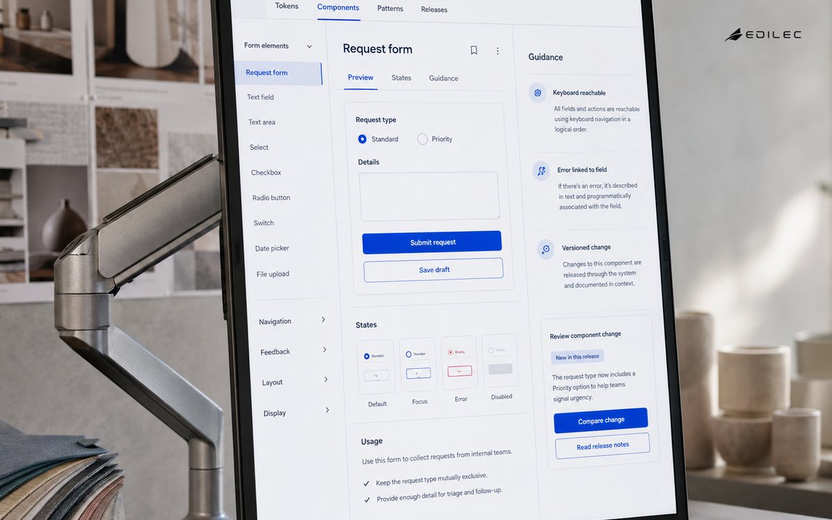 A component-library application presents a request form, interaction states and accessibility guidance.