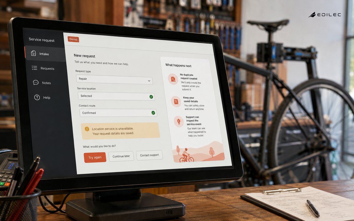 A service-request application explains a temporary problem while preserving the entered details.