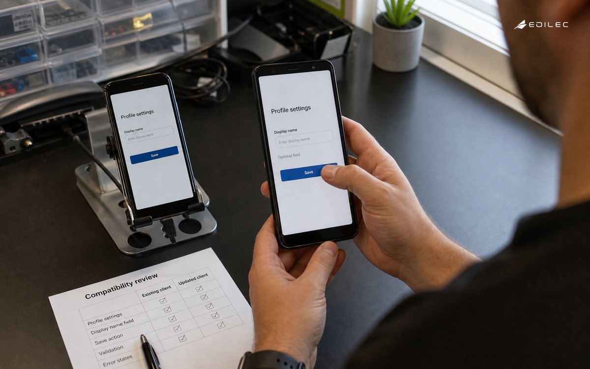 A standing engineer tests a simple unbranded mobile form on an ordinary opaque OLED phone while comparing an older client on a second phone resting in a commercial metal test cradle.