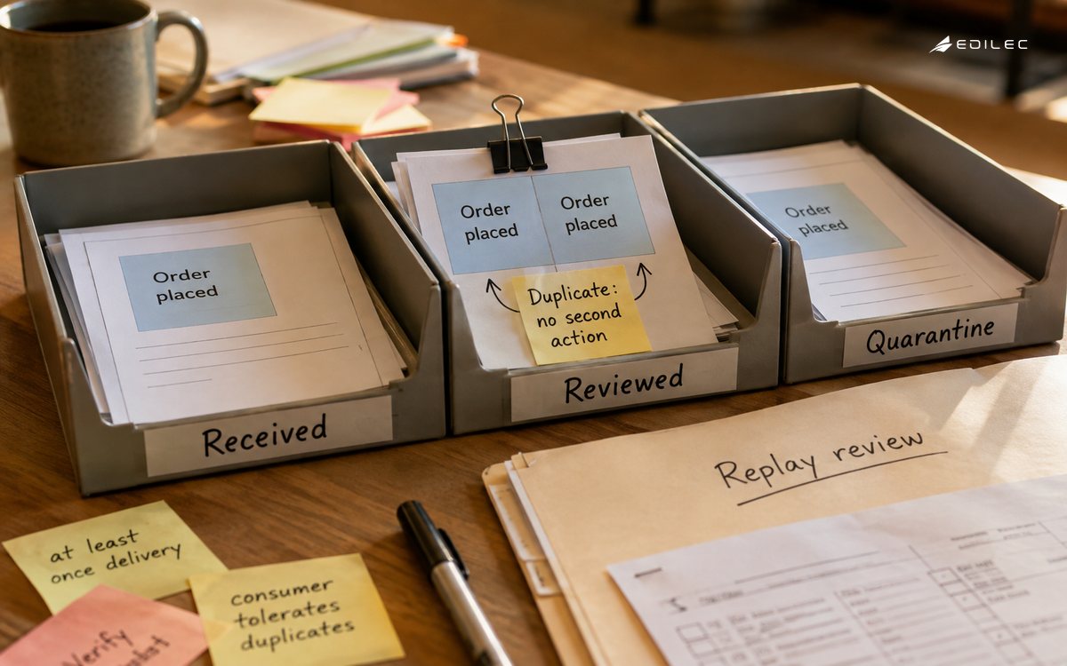 Paper event-review records move through shallow office trays labeled 'Received', 'Reviewed', 'Quarantine'.