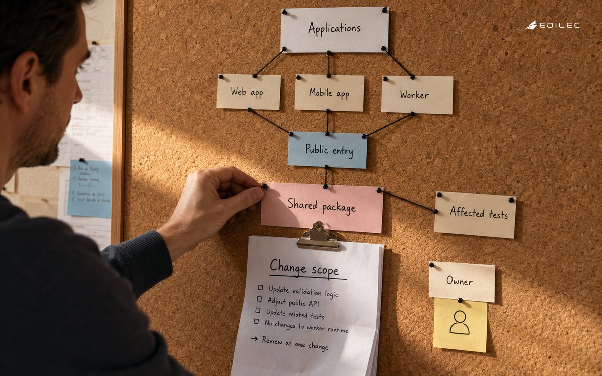 A cork board maps shared package boundaries to applications, ownership and affected tests.