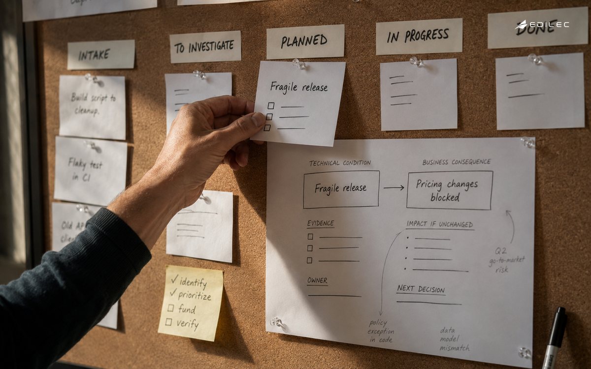 An engineer moves a technical debt card on a planning board that links a fragile release to blocked pricing changes.