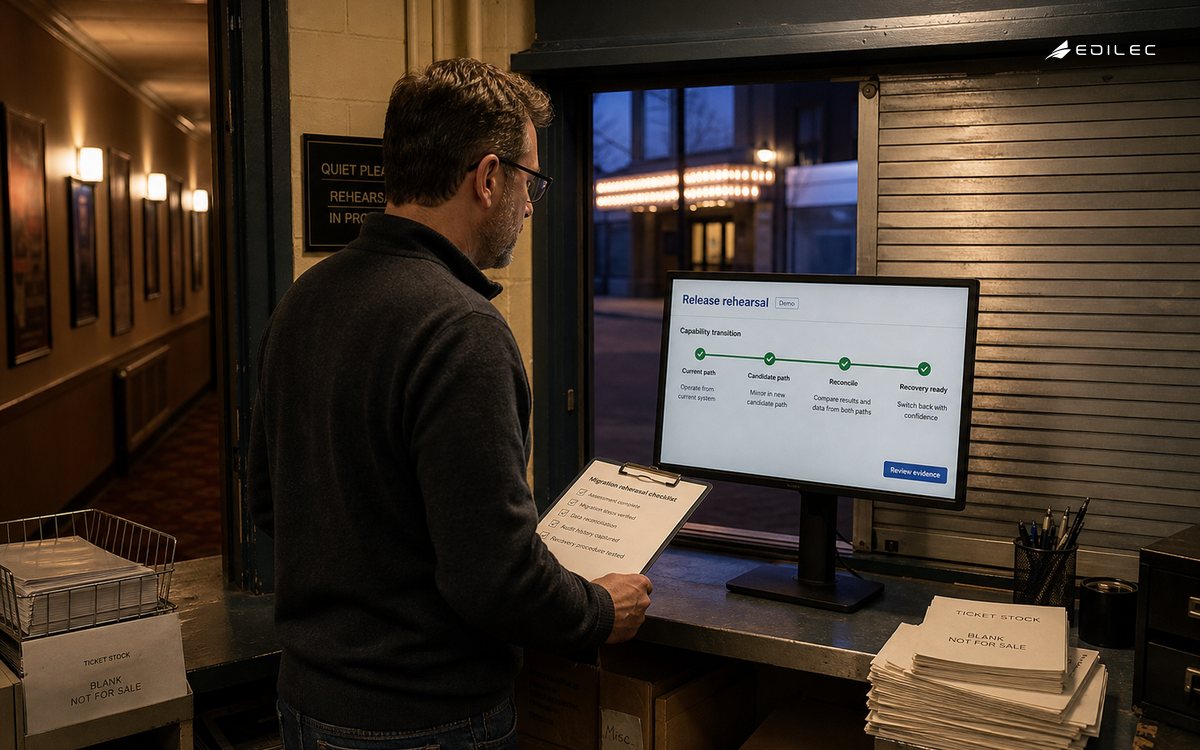 An operations lead reviews a release rehearsal in a theater box-office back room.