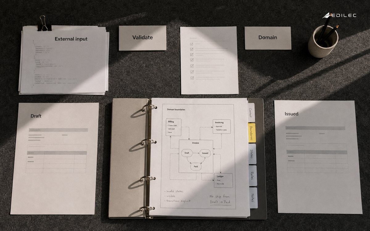 Printed draft and issued invoice specimens arranged around a binder showing validation and domain boundaries.