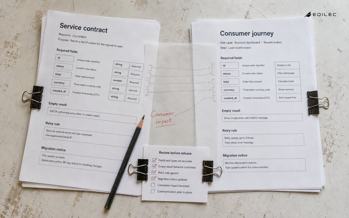 Printed service and consumer contracts are compared with a migration review checklist.