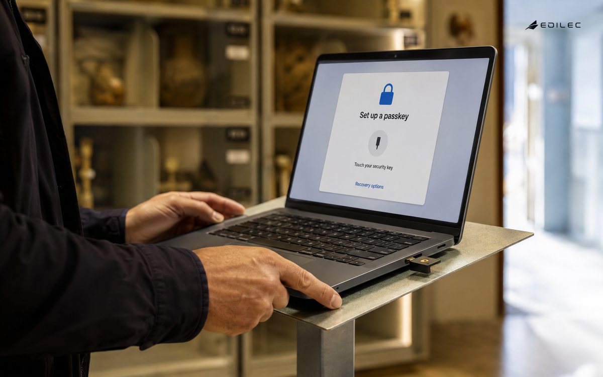 Researcher beside a laptop and connected hardware security key during passkey setup at a museum access lectern.