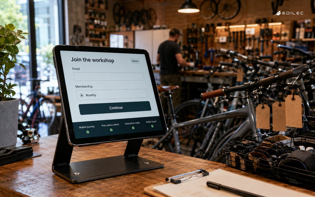 A membership signup tablet stands at a bicycle shop counter beside the customer service area.