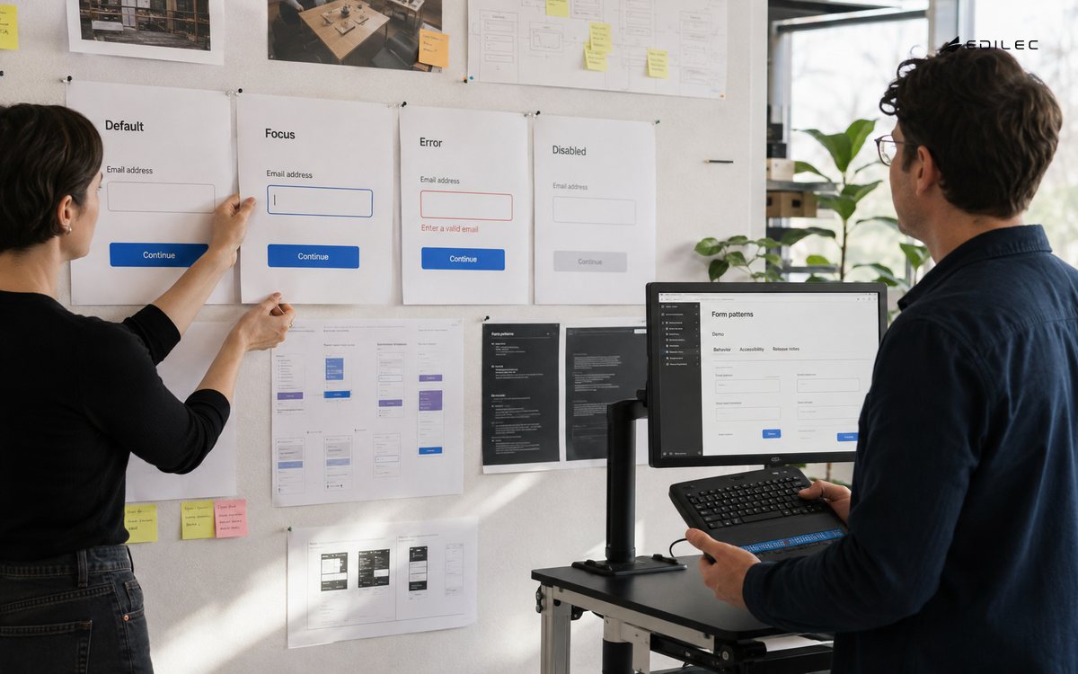 Standing product practitioners compare printed form states in an accessibility testing studio.