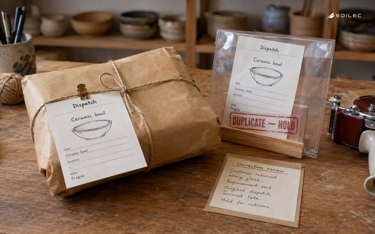 A duplicate dispatch slip is held apart from a single prepared parcel.