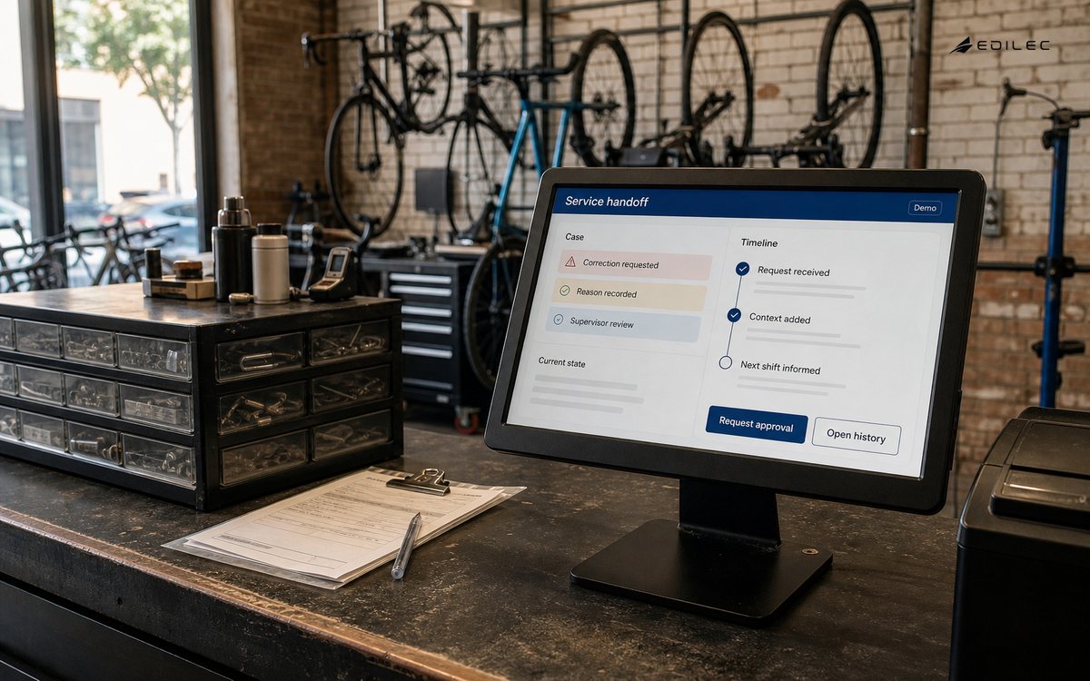 Bicycle service counter with a staff terminal showing a correction request and shift-handoff history.