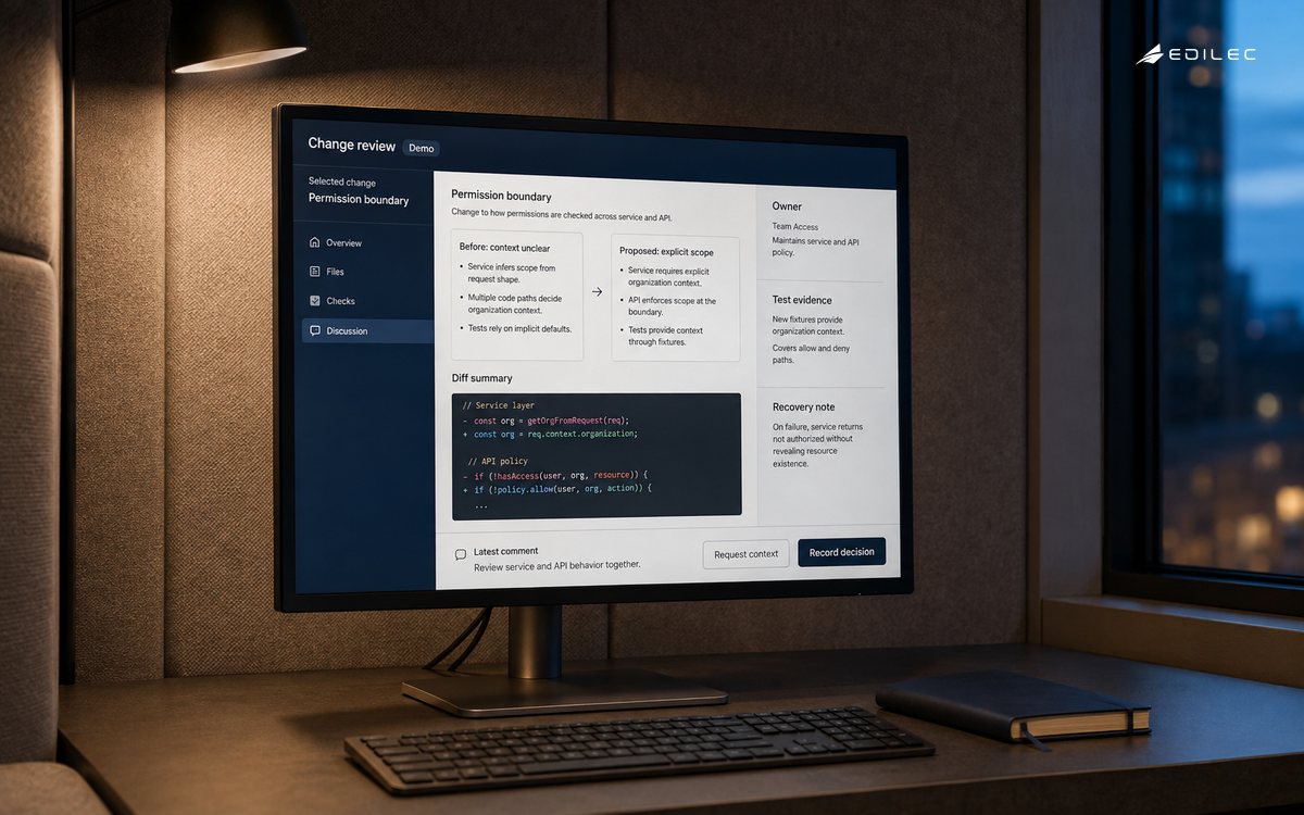 Physical monitor displaying a focused change review with behavior context, test evidence and a recovery note.