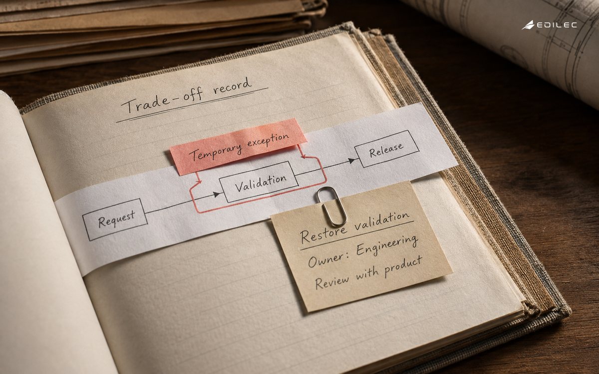 Paper workflow notes connect a temporary validation exception to an owned repair.