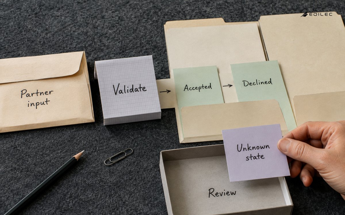 Paper input and validation props sit beside accepted and declined cards, while a hand holds an unknown-state card over a review tray.