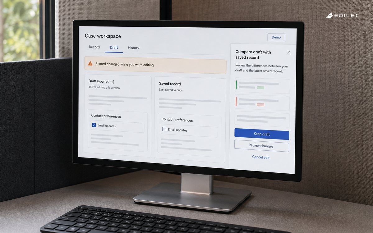 A casework screen separates a draft from the saved record after a background change.