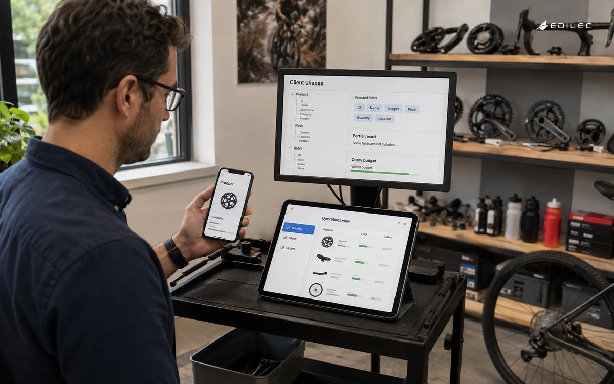 Product engineer comparing phone and tablet catalog views beside a client-shape review monitor and bicycle parts.