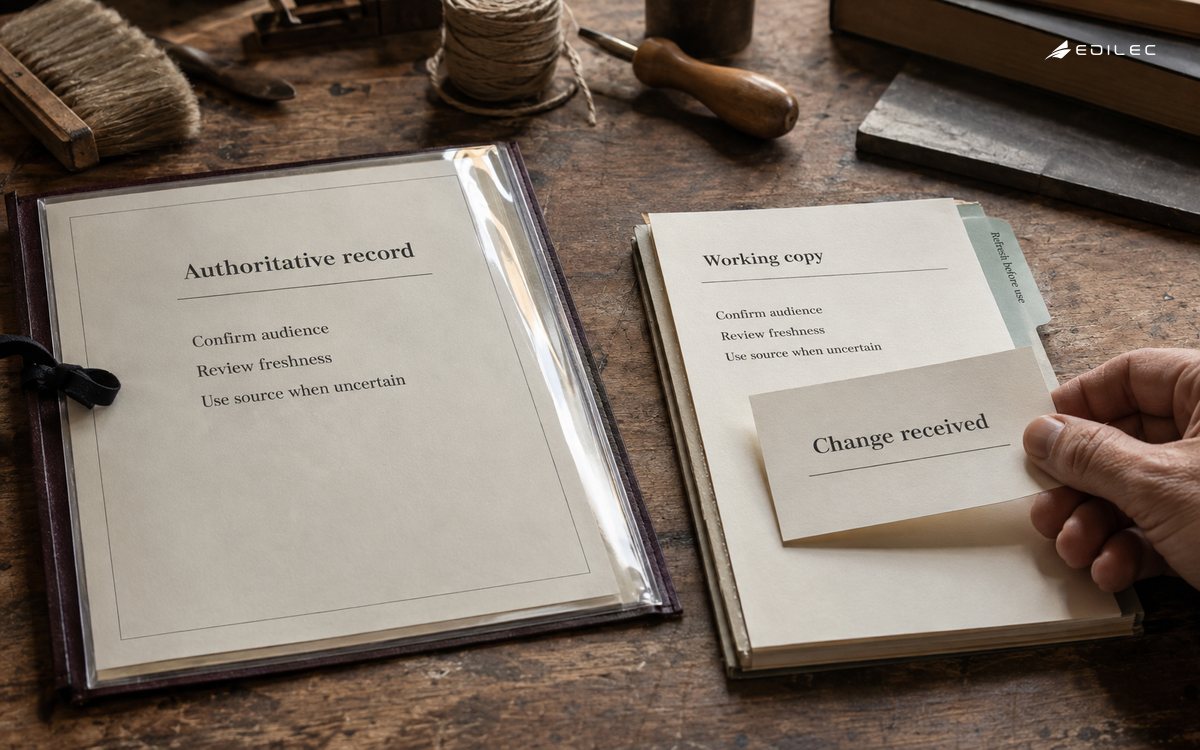 A working copy is checked against its authoritative record after a change arrives.