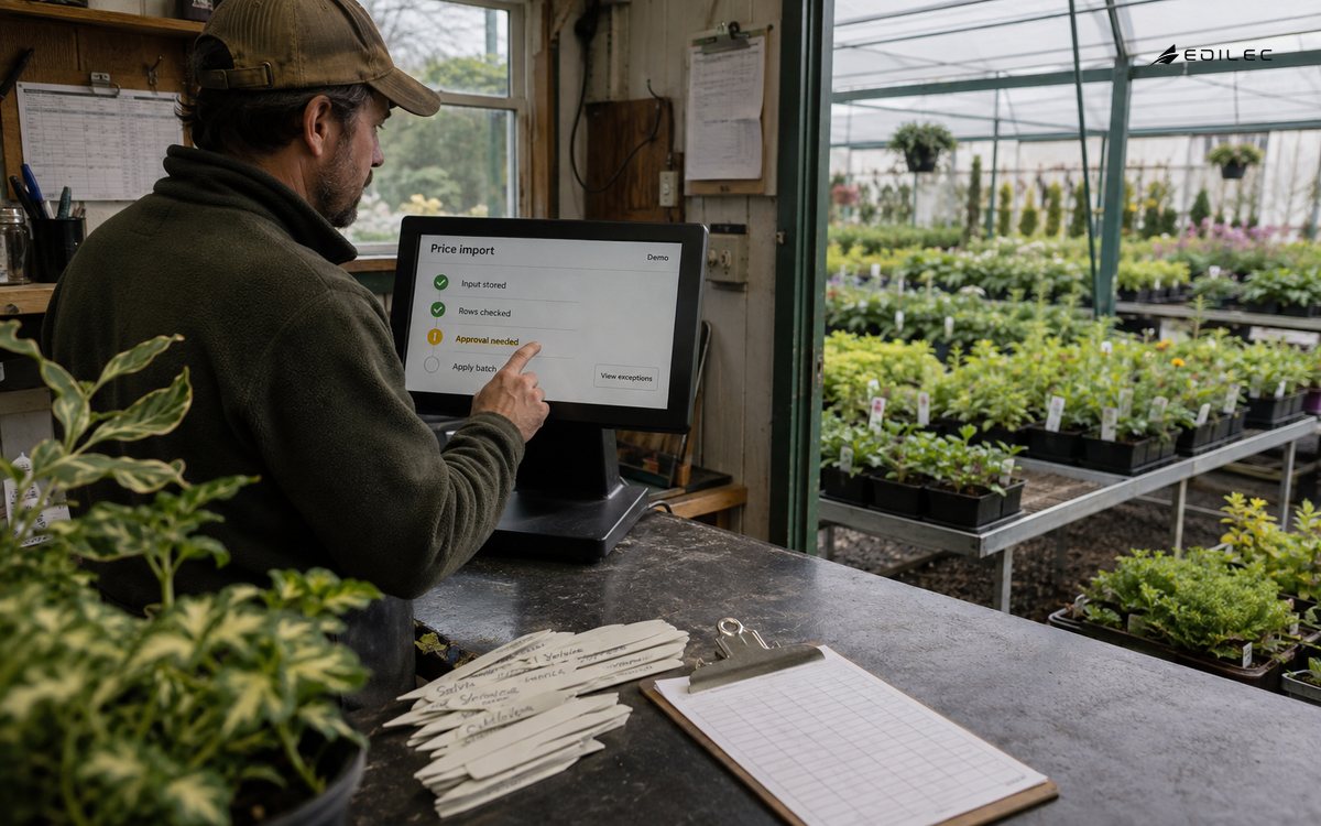 A nursery manager reviews a staged price import at an inventory terminal beside plant labels.