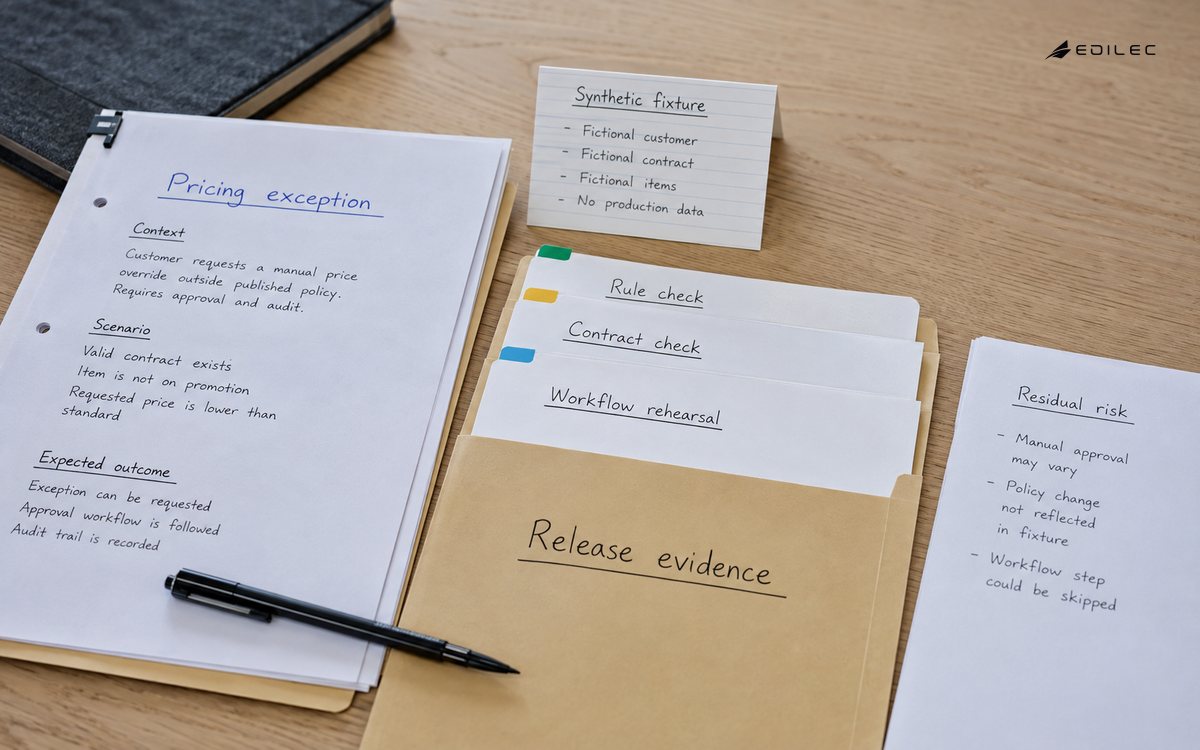 A synthetic pricing-exception fixture is linked to layered checks and a release-evidence folder.