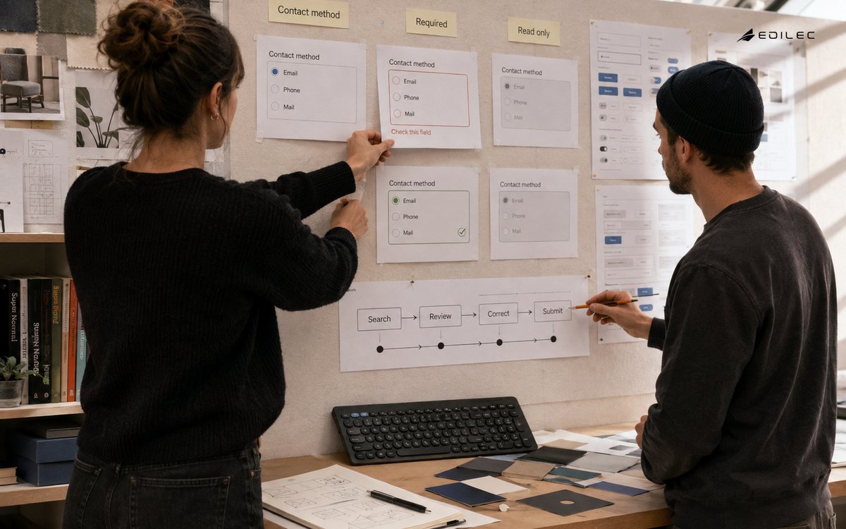 Standing designers compare printed form states and a keyboard focus journey at a studio wall.