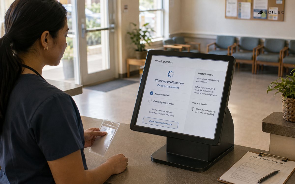 A clinic receptionist checks an uncertain booking state on a reception terminal before repeating an action.