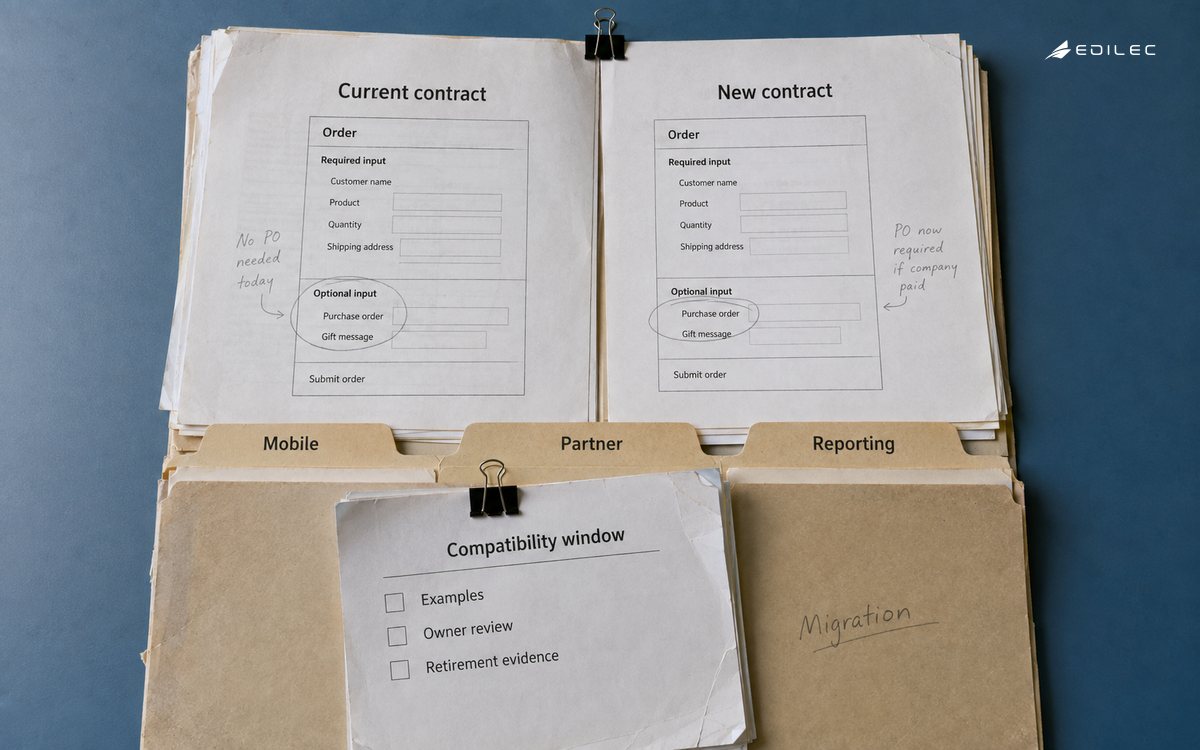 Paper API contracts and consumer folders arranged for a compatibility-window review.