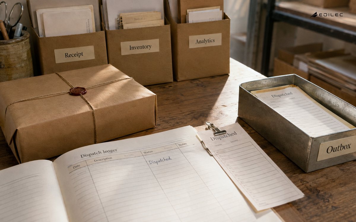 Dispatch ledger, carbon-copy slip and outbox beside a packed stationery parcel.
