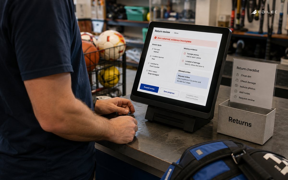 An equipment-return view makes missing evidence and the next safe action visible.