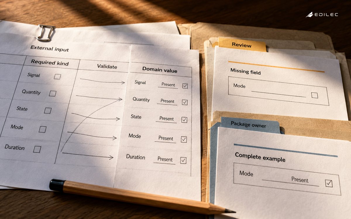 An external-message contract maps to a domain contract while a missing-field example is set aside for review.