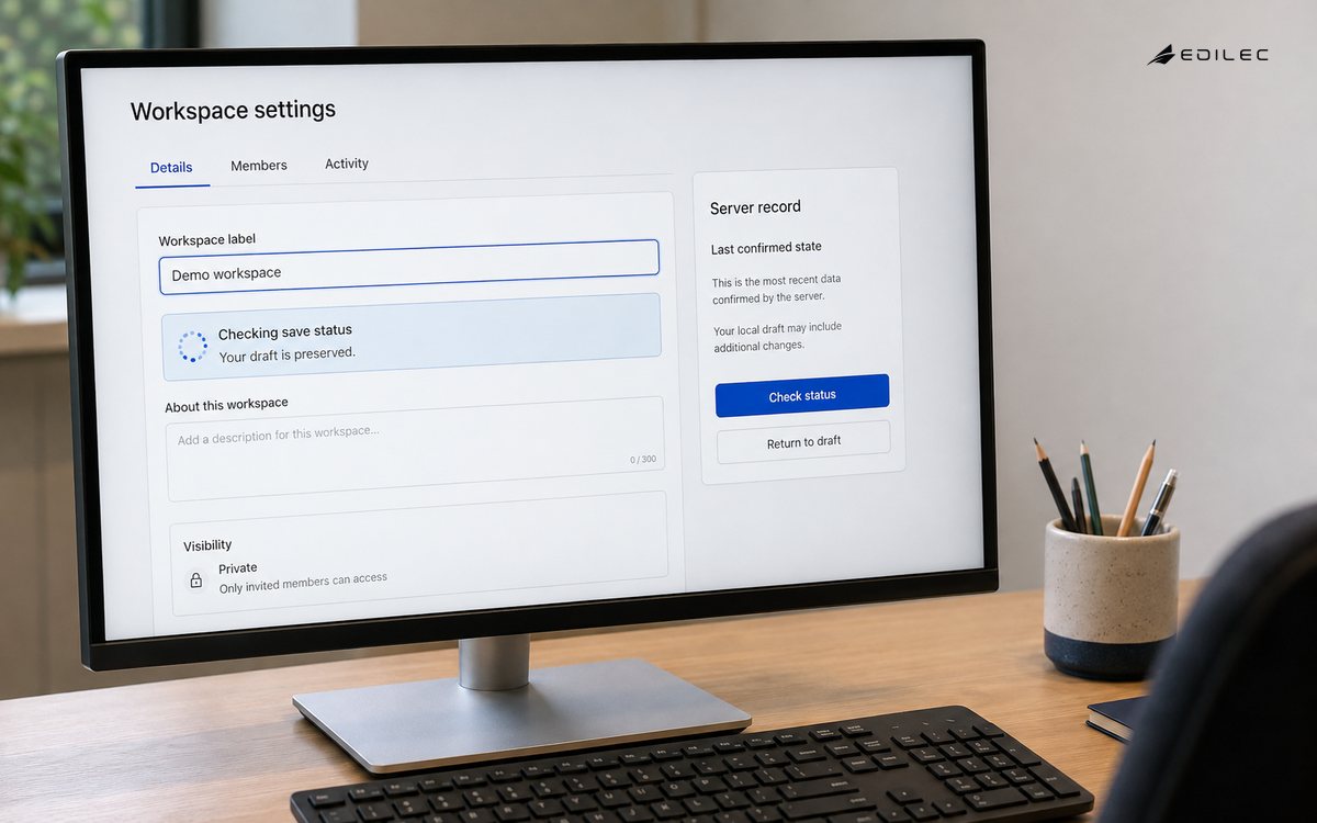 A settings form on a physical monitor preserves a draft while checking the server's save status.