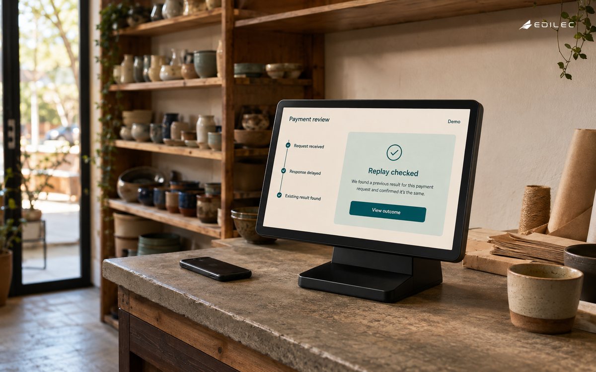 A shop checkout monitor presents the outcome of a repeated payment request.